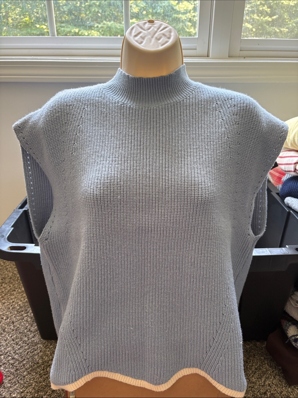 eesome Pale Blue Sleeveless Mock Neck Knit Top with Cream Hem